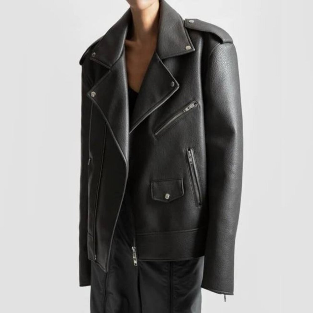 paper moon Black Oversized Chunky Zipper Vegan Leather Biker Jacket